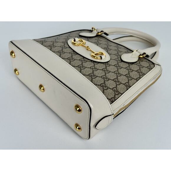 Gucci Horsebit 1955 Top Handle Bag in GG Canvas with White Leather Trim D-9 - Picture 8 of 16